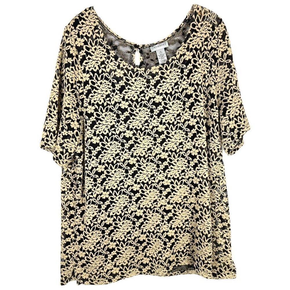 Catherines Plus Size 1X Top‎ 18W 20W Lace Textured Beige Black Lined Keyhole 728